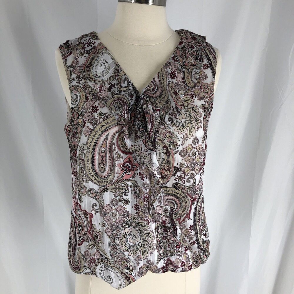 White House Black Market Women's Sz 4 Wrap Blouse Sleeveless Paisley Ruffle